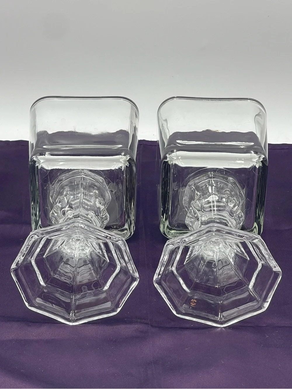 Vintage Pressed Glass Candle Holders Square Top Hexagonal Stem Pedestal Set of 2